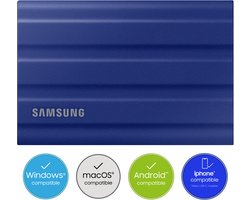 Samsung Portable T7 Shield - Externe SSD - USB C 3.2 - Inclusief USB C en USB A kabel - Geschikt voor iPhone USB C - 2 TB - Blauw