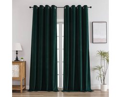 Samtgordijn met ringen - ondoorzichtig - set van 2 - Groen - polyester - H 220 x B 132 cm
