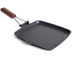 San Ignacio grillpan/koekenpan - anti aanbaklaag - houten handvat - 26 x 26 x 6 cm - zwart - grillrooster