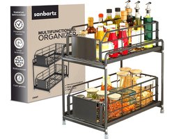 Sanbartz Keukenkast Organizer uitschuifbaar - Schuiflade Keukenkast - Aanrecht Organiser – Keuken Organizers - Kast Organizer - Organizer Lade Organizer - Zwart - Under sink Organizer - Gootsteenkast Organizer - Keukenrek - Badkamer Organizer