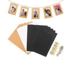 Sander Shop 30 stuks papieren fotolijsten met clips en henneptouwen, hangend albumframe, 15 x 10 cm kraftkartonnen fotolijsten, matten voor thuis, school, kantoor, wanddecoratie (3 kleuren)