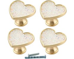 Sander Shop 4 stuks gouden-messing-hart-lade-knoppen, wit-kristalkastknoppen, goud-koper-meubels-kast-dressoir-handgrepen (wit kristal)