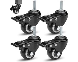 Sander Shop 4 stuks zwenkwielen met rem, 40 mm meubelwielen, wielen met draad M8×25 mm, 360° rotatie meubelwielen zwart, zware wielen, voor transportwielen/loopwielen voor apparaten en meubels