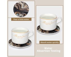 Sander Shop 6 stuks zwart en goud marmeren onderzetters met houder beste ronde absorberende onderzetters voor dranken, koffie, bier, tafel marmeren gepersonaliseerde onderzetters sets