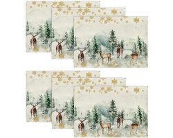 Sander Shop Aquarel Herten Bomen Sneeuwvlokken Kerst Placemats Set van 6, 30 x 45 cm Seizoensgebonden Winter Xmas Vakantie Vintage Wasbare Tafelmatten