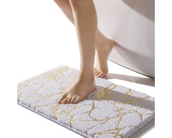Sander Shop Badmat, antislip, wasbaar, wit, badkamertapijt, goud, decoratief tapijt, luxe, badkameraccessoires, zachte microvezel, absorberend, badmat voor badkamer, badkuip, 40 x 60 cm