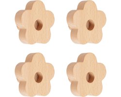 Sander Shop Bloemvormige houten knoppen, 4 stuks natuurlijke handgemaakte houten knop enkel gat beukenhouten handgrepen voor lade kledingkast kast dressoir met schroeven en uitbreidingsbuis