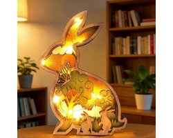 Sander Shop Decoratiefiguren van hout met ledlicht, 3D paashaas paasdecoratie met led, verlicht paasdecoratie, dieren, houten sculptuur, decoratie voor lentedecoratie, tafeldecoratie, cadeau, konijn