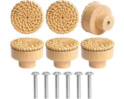 Sander Shop Houten Deurklinken, 6 Stuks Rotan Meubelknoppen, Boho Decoratieve Kasten, Houten Dressoir Knoppen, Ladeknoppen, Vintage Ladekastgrepen voor Keukenkasten, Deurknop, Kastgrepen 4 cm