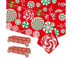 Sander Shop Kersttafelkleed, 2 stuks, 137 x 274 cm, groot rood rechthoekig tafelkleed voor Kerst, snoep, lolly, kerstdiner, Merry Christmas, voor feestdagen, kerstfeest benodigdheden-lolly
