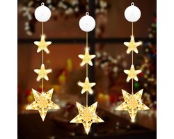 Sander Shop Led-kerstverlichting voor ramen, 3 stuks, led-raamdecoratie, Kerstmis met zuignappen, led-sterren, kerstverlichting voor kerstdecoratie, raam, kamer, balkon, feest, binnen en buiten, warmwit