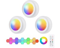 Sander Shop LED Spots Werkt op batterijen, met afstandsbediening, 3 stuks RGB LED kastverlichting 16 kleuren, dimbaar, met magneet/lijm voor slaapkamer, kledingkast, kast, keuken