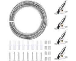 Sander Shop Roestvrij Stalen Staalkabel 2 mm x 10 m, Verstelbare Staalkabel, ophangdraad van roestvrij staal, Met 4 Hoekhouders, Schroeven En Rubberen Stoppen, voor Gordijnen, Waslijn, Hanglamp