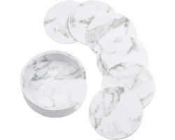 Sander Shop Rond Onderzetters set van 6,Wit Marmeren Keramische Onderzetters Met Houder voor Verschillende Kopjes Tafel- en Woondecoratie,10cm