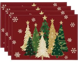 Sander Shop Set van 4 placemats met rode bomen, sneeuwvlokken, vrolijke kerstmotieven, 30 x 45 cm, wasbaar, voor keuken, feestdecoratie