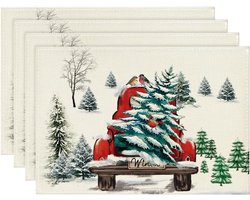 Sander Shop Waterclor Sneeuwboom Truck Kerst Placemats Set van 4, 30 x 45 cm Seizoensgebonden Winter Xmas Vakantie Vintage Wasbare Tafelmatten Set van 4