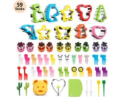 Sandwich Uitsteekvormen Set 59-delig - 5 Grote en 5 Middelgrote Brooduitstekers, 10 Groente- en Fruitvormpjes met 32 Fruitvorkjes - 304 RVS Bento Accessoires voor Kinderlunch, Broodtrommel, Koekjes en Creatieve Maaltijden