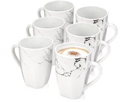 Sänger Bilgola marmer koffiemokken met oor set van 6 - 350 ml - porselein - stapelbaar en handgemaakt - wit met marmerdesign