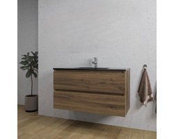 Saniclass Chaci Badkamermeubelset - 100x46x55cm - keramische wastafel zwart - 1 wasbak - 1 kraangat - 2 lades - noten (hout)