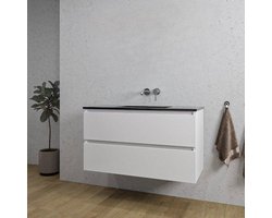 Saniclass Chaci Badkamermeubelset - 100x46x55cm - keramische wastafel zwart - 1 wasbak - zonder kraangaten - 2 lades - mat wit