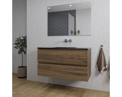 Saniclass Chaci Badkamermeubelset - 100x46x55cm - keramische wastafel zwart - 1 wasbak - zonder kraangaten - 2 lades - rechthoekige spiegel - noten (hout)