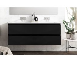 Saniclass Chaci Badkamermeubelset - 120x45x55cm - keramische wastafel glans wit - 2 wasbakken - 2 kraangaten - 2 lades - mat zwart