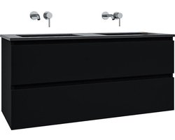 Saniclass Chaci Badkamermeubelset - 120x45x55cm - keramische wastafel mat zwart - 2 wasbakken - zonder kraangaten - 2 lades - mat zwart