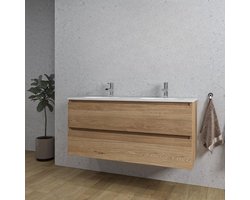 Saniclass Chaci Badkamermeubelset - 120x46x55cm - keramische wastafel wit - 2 ovale wasbakken - 2 kraangaten - 2 lades - eiken