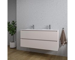 Saniclass Chaci Badkamermeubelset - 120x46x55cm - keramische wastafel wit - 2 ovale wasbakken - 2 kraangaten - 2 lades - mat cotton (beige)