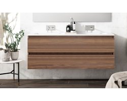 Saniclass Chaci Badkamermeubelset - 120x46x55cm - keramische wastafel wit - 2 ovale wasbakken - 2 kraangaten - 2 lades - noten (hout)