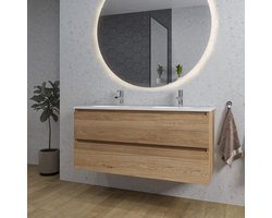 Saniclass Chaci Badkamermeubelset - 120x46x55cm - keramische wastafel wit - 2 ovale wasbakken - 2 kraangaten - 2 lades - ronde spiegel met verlichting - eiken