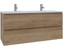 Saniclass Chaci Badkamermeubelset - 120x46x55cm - keramische wastafel wit - 2 wasbakken - 2 kraangaten - 2 lades - eiken