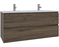 Saniclass Chaci Badkamermeubelset - 120x46x55cm - keramische wastafel wit - 2 wasbakken - 2 kraangaten - 2 lades - noten (hout)