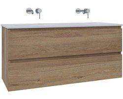 Saniclass Chaci Badkamermeubelset - 120x46x55cm - keramische wastafel wit - 2 wasbakken - zonder kraangaten - 2 lades - eiken