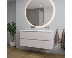 Saniclass Chaci Badkamermeubelset - 120x46x55cm - keramische wastafel wit - 2 wasbakken - zonder kraangaten - 2 lades - ronde spiegel met verlichting - mat cotton (beige)