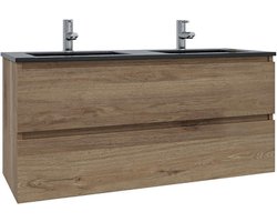Saniclass Chaci Badkamermeubelset - 120x46x55cm - keramische wastafel zwart - 2 wasbakken - 2 kraangaten - 2 lades - eiken