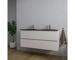 Saniclass Chaci Badkamermeubelset - 120x46x55cm - keramische wastafel zwart - 2 wasbakken - 2 kraangaten - 2 lades - mat cotton (beige)