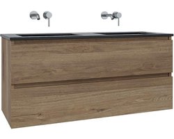 Saniclass Chaci Badkamermeubelset - 120x46x55cm - keramische wastafel zwart - 2 wasbakken - zonder kraangaten - 2 lades - eiken