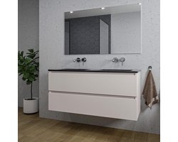 Saniclass Chaci Badkamermeubelset - 120x46x55cm - keramische wastafel zwart - 2 wasbakken - zonder kraangaten - 2 lades - rechthoekige spiegel - mat cotton (beige)