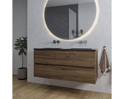 Saniclass Chaci Badkamermeubelset - 120x46x55cm - keramische wastafel zwart - 2 wasbakken - zonder kraangaten - 2 lades - ronde spiegel met verlichting - noten (hout)