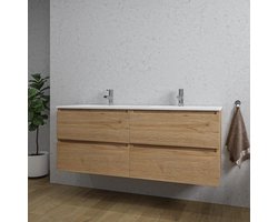 Saniclass Chaci Badkamermeubelset - 140x46x55cm - 4 lades - keramische wastafel wit - 2 wasbakken - 2 kraangaten - eiken