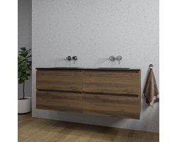 Saniclass Chaci Badkamermeubelset - 140x46x55cm - keramische wastafel zwart - 2 wasbakken - zonder kraangaten - 4 lades - gemêleerd noten (hout)