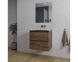 Saniclass Chaci Badkamermeubelset - 60x46x55cm - keramische wastafel zwart - 1 wasbak - zonder kraangat - 2 lades - rechthoekige spiegel - noten (hout)