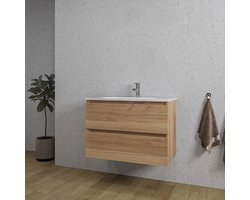 Saniclass Chaci Badkamermeubelset - 80x46x55cm - keramische wastafel wit - 1 ovale wasbak - 1 kraangat - 2 lades - eiken