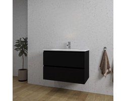 Saniclass Chaci Badkamermeubelset - 80x46x55cm - keramische wastafel wit - 1 ovale wasbak - 1 kraangat - 2 lades - mat zwart