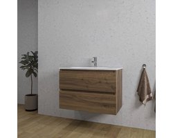 Saniclass Chaci Badkamermeubelset - 80x46x55cm - keramische wastafel wit - 1 ovale wasbak - 1 kraangat - 2 lades - noten (hout)