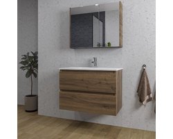 Saniclass Chaci Badkamermeubelset - 80x46x55cm - keramische wastafel wit - 1 wasbak - 1 kraangat - 2 lades - spiegelkast - noten (hout)