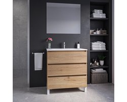 Saniclass Chaci PLUS Badkamermeubelset - 80x86x46cm - keramische wastafel wit - 1 ovale wasbak - 1 kraangat - 3 lades - rechthoekige spiegel - eiken