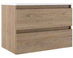 Saniclass Chacito Badkamermeubelset - 100x40x55cm - ondiep - 2 lades - greeploos - wastafel glans wit - 1 kraangat - eiken