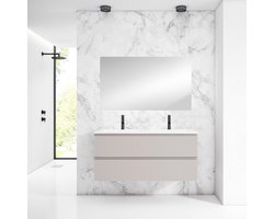 Saniclass Prime Blend Badkamermeubelset - 120x55x46cm - 2 ovale keramische wasbakken wit - 2 kraangaten - 2 lades - rechthoekige spiegel - mat cotton (beige)